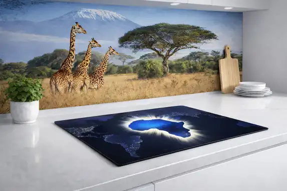 African themed kitchen with induction hob protector and wide kitchen splashback behind it.
