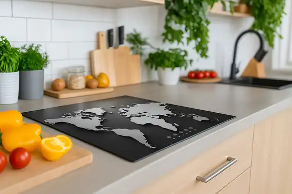 A world map as an induction hob protector, the world map is in our image bank!