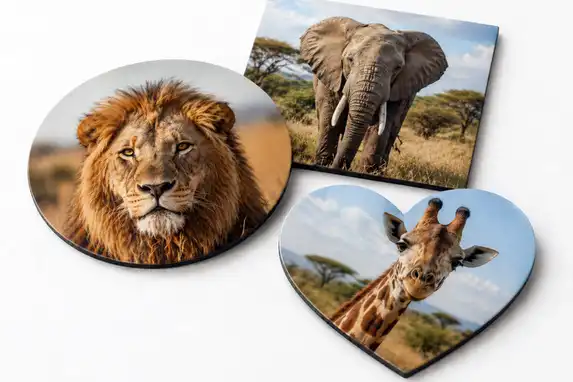 Create your own themed coasters in your desired shape at Photogift.eu