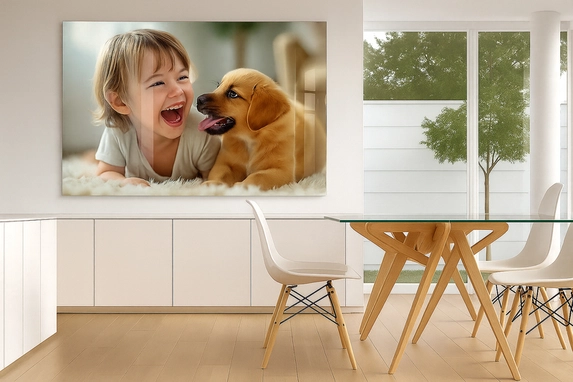 Plexiglass prints also look great in bright spaces such as this modern kitchen.