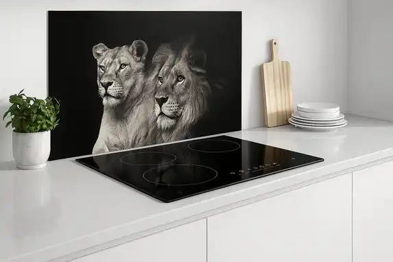 Razor-sharp printed kitchen splashback on dibond, the aluminum top layer is perfectly wipeable with a damp cloth.