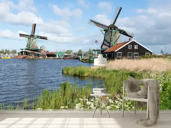 Photo wallpaper with Dutch windmills as wall decoration.