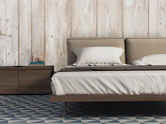 Photo wallpaper with wooden slat look as wall decoration in the bedroom.